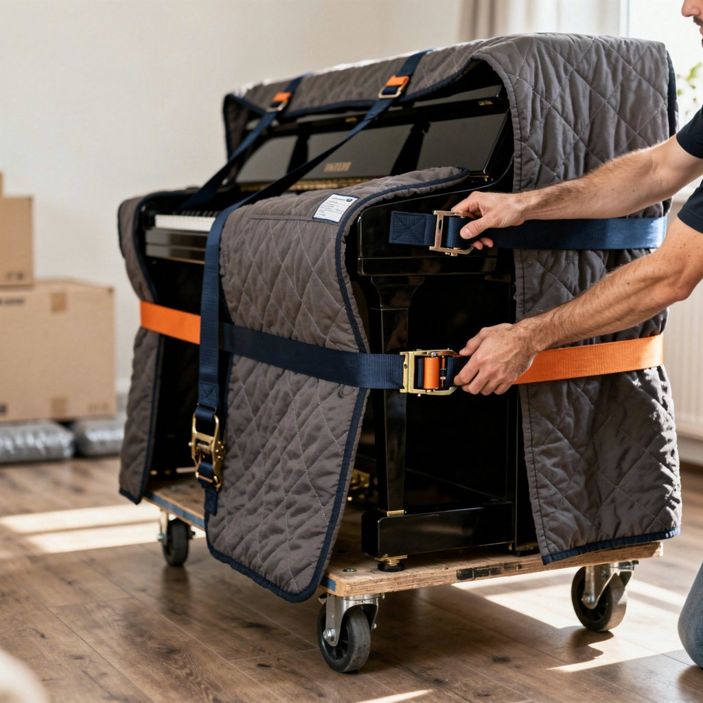 B & F Moving and Storage professional piano movers in Buffalo, NY carefully transporting a grand piano with specialized equipment